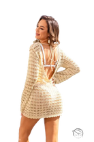 Beige crochet summer beach blouse with open back and long sleeve length