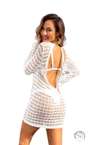 White summer beach blouse: crochet mini dress with open back and long sleeve length