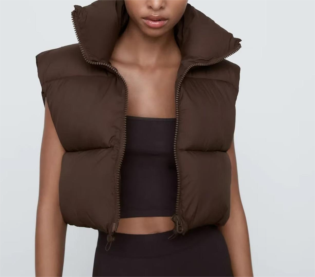 Langry fashion brown puffer vest with zipper and high collar