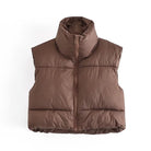 Langry fashion brown puffer vest with zipper and stand-up collar