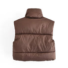 Langry fashion brown puffer vest with high collar and pocket detail
