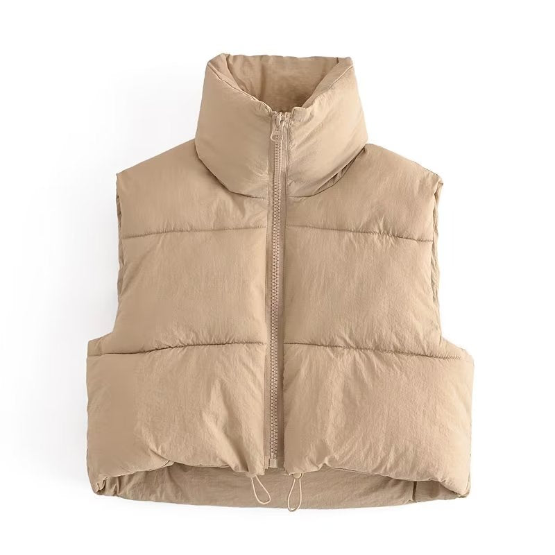Langry fashion beige puffer vest with zipper and drawstring hem
