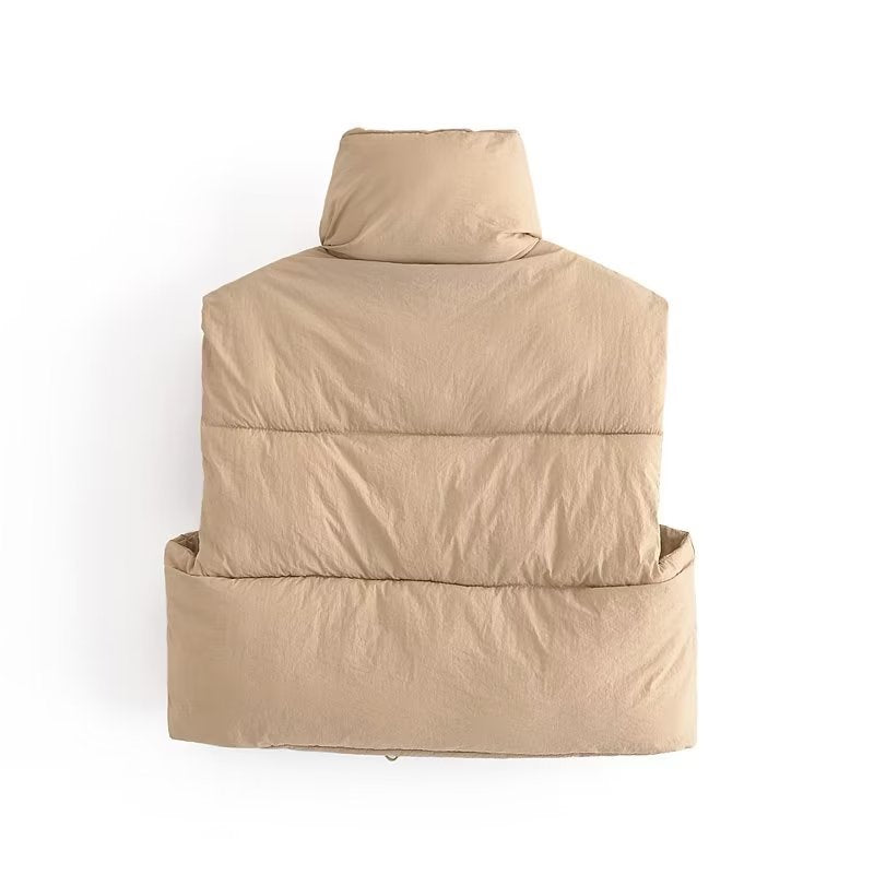 Langry beige puffer vest with high collar and zipper, casual fashion ملابس