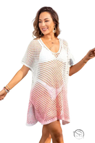 White and pink ombre beach blouse with short sleeves and v-neckline