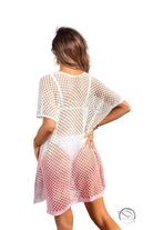 Ombre beach blouse with short sleeve pink-white gradient mesh open-back design