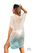 Ombre beach blouse in white and light blue gradient mesh with loose, flowing design