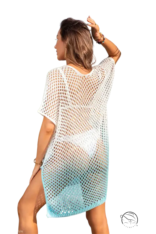 Ombre beach blouse in white and light blue gradient mesh with loose, flowing design