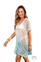 Ombre beach blouse: white and light blue gradient crochet mesh cover-up dress with V-neckline