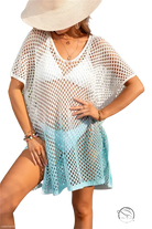 Ombre beach blouse with white and light blue gradient crochet mesh cover-up and v-neckline