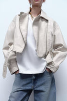 Retro washed faux leather jacket in beige with zipper details