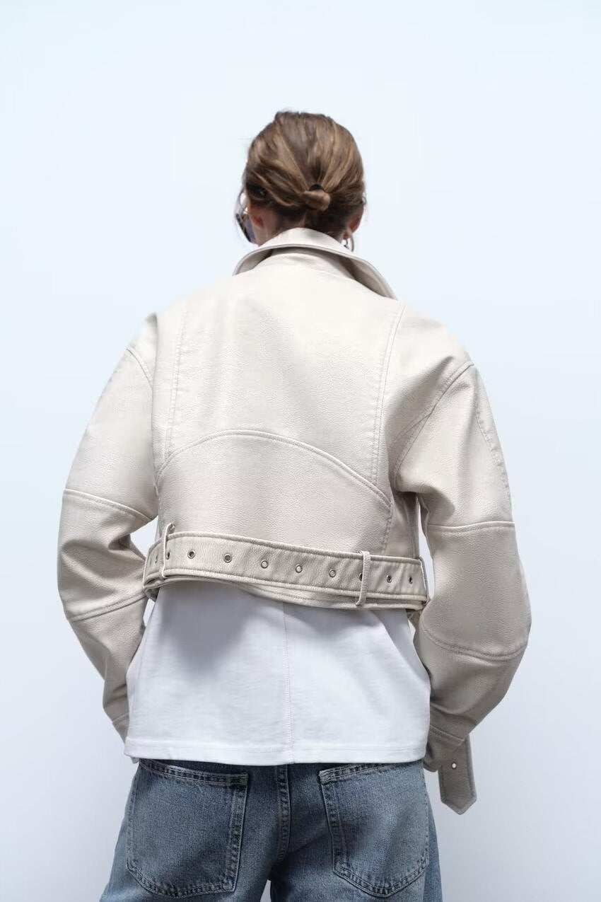 Retro washed faux leather jacket with cream color, studded details and belt