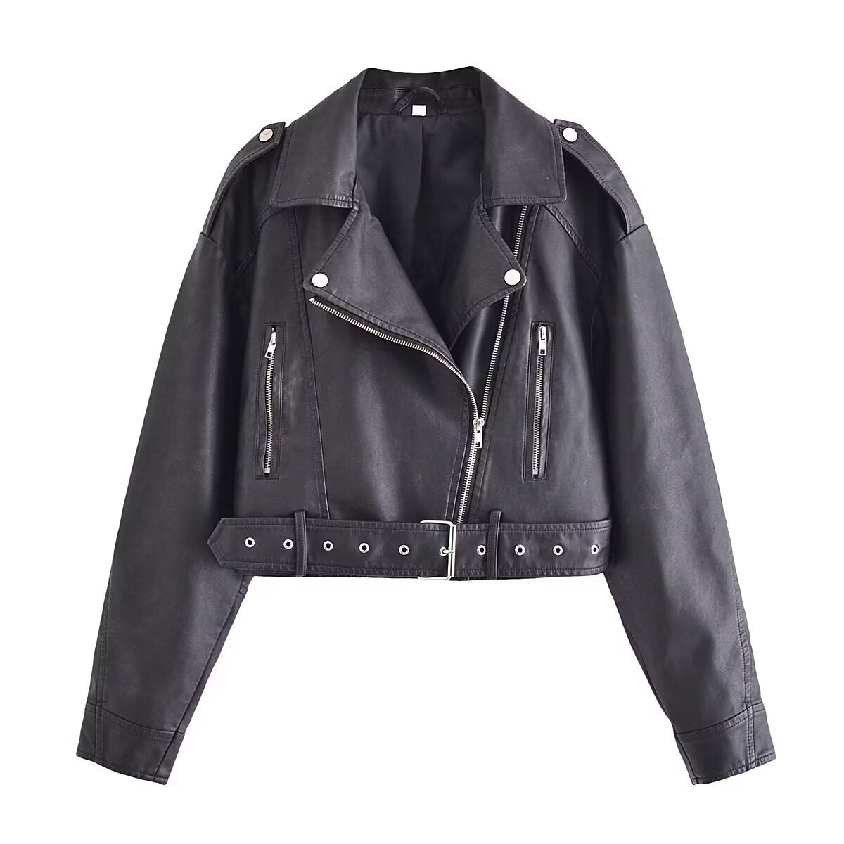 Retro washed faux leather jacket in black with silver hardware