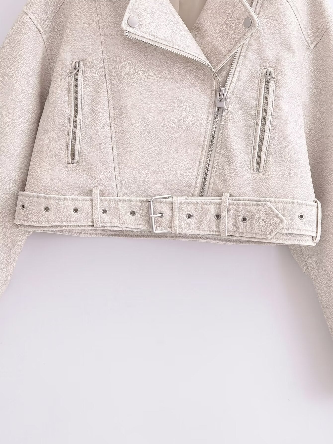 Retro washed faux leather jacket in cream with silver hardware