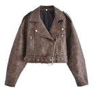Retro washed faux leather jacket in brown suede with silver hardware and zipper details