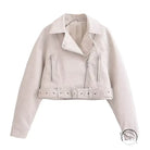 White faux leather jacket with cropped fit, silver hardware, and belt detail