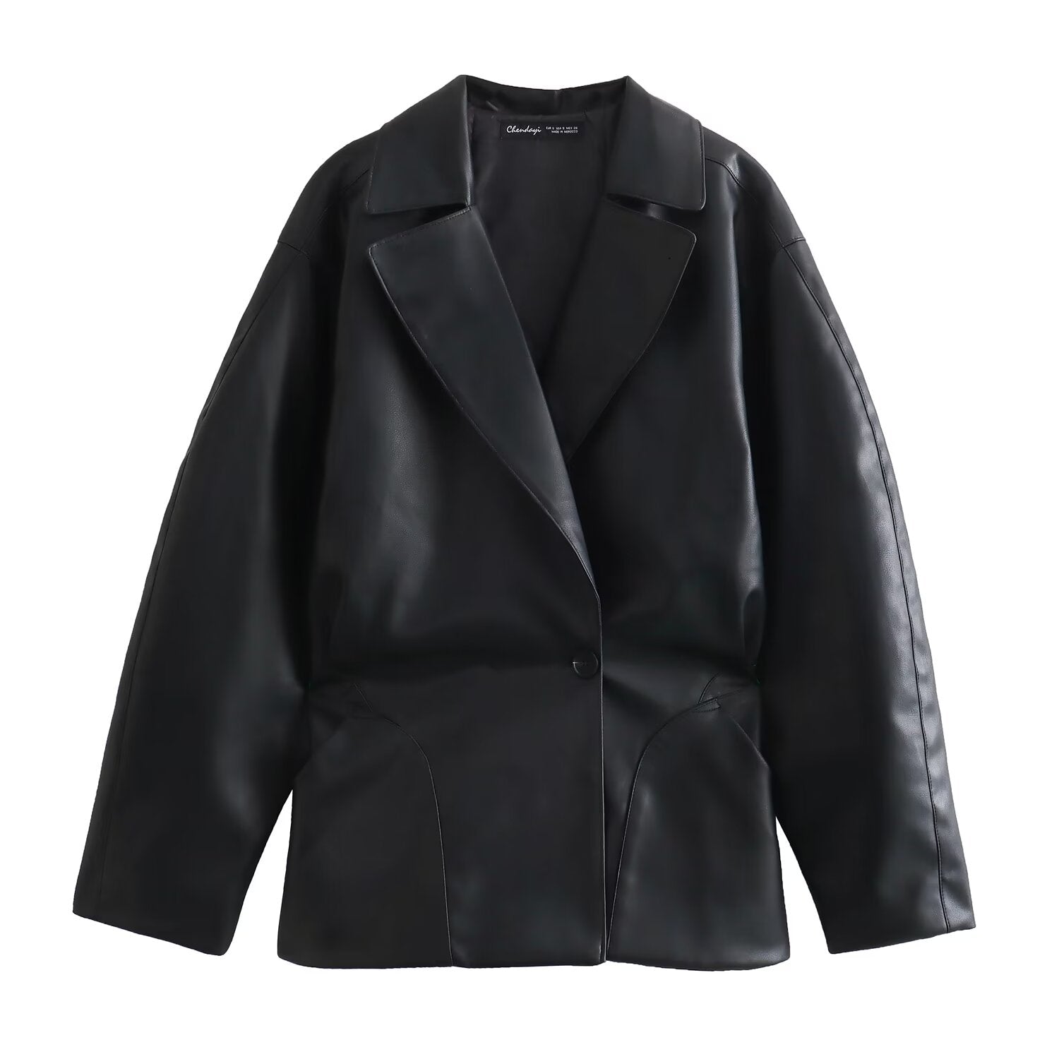 Stylish faux leather Langry blazer with lapel collar and long sleeves