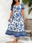Blue white maxi dress with floral print, square neckline and short sleeves