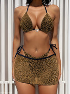 Leopard print bikini double three piece set with matching mesh cover-up skirt
