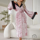 Pink lengthened bathrobe in crushed velvet with black lace trim for lace light luxury home wear