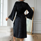 Black crushed velvet lengthened bathrobe with lace trim, lace light luxury home wear