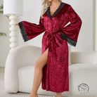 Lengthened red velvet bathrobe with black lace trim, light luxury home wear