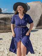 Bohemian navy blue midi dress with ruffled hem and gold belt, langry fashion ملابس