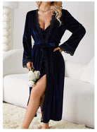 Langry fashion navy blue velvet nightdress with black lace trim