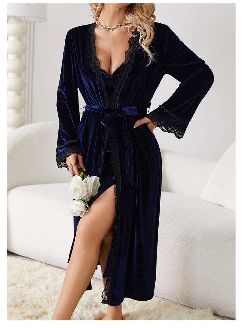 Langry fashion navy blue velvet nightdress with black lace trim