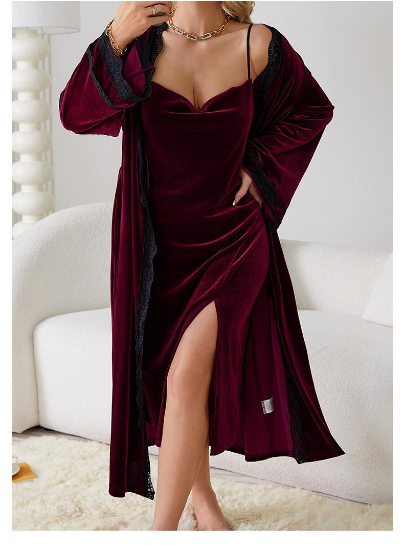 Luxurious burgundy velvet robe with black lace trim, Langry fashion nightdress