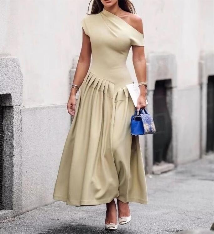 Elegant one-shoulder beige dress from Langry, perfect for spring summer fashion ملابس