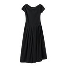 Elegant black midi dress with pleated skirt, perfect for spring summer fashion or ملابس