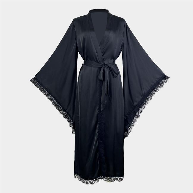 Black satin long sleeve nightgown with lace trim on sleeves and hem