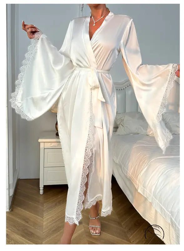 Elegant long sleeve white satin nightgown with lace trim