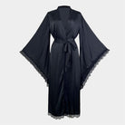 Black satin long sleeve nightgown with lace trim