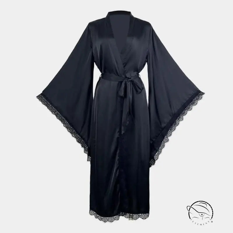 Black satin long sleeve nightgown with lace trim on sleeves and hem