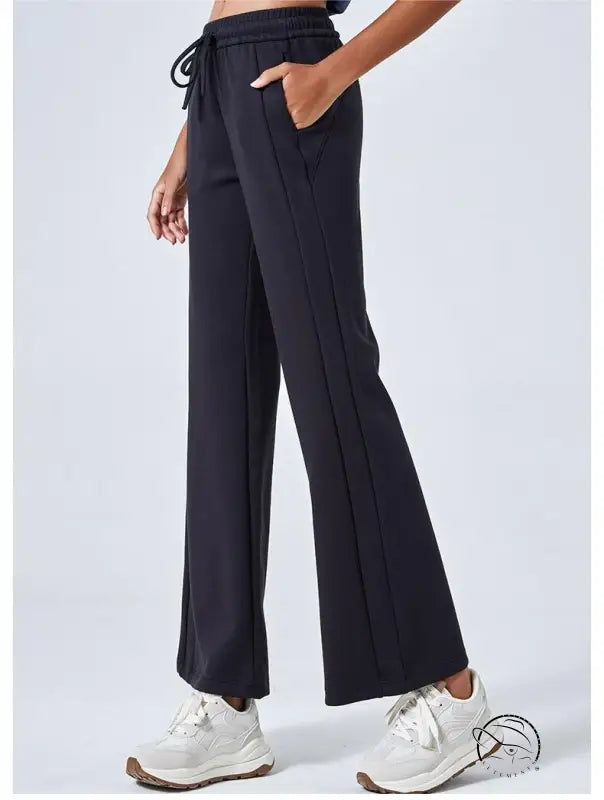 Black summer air layer wide-leg yoga pants with drawstring and pockets