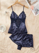 Dark navy artificial silk camisole lingerie with lace trim and spaghetti straps