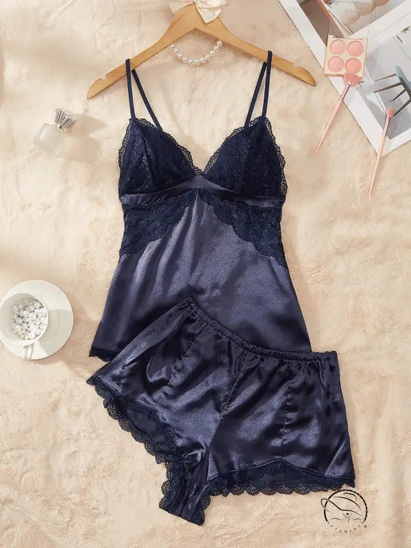 Dark navy artificial silk camisole lingerie with black lace trim