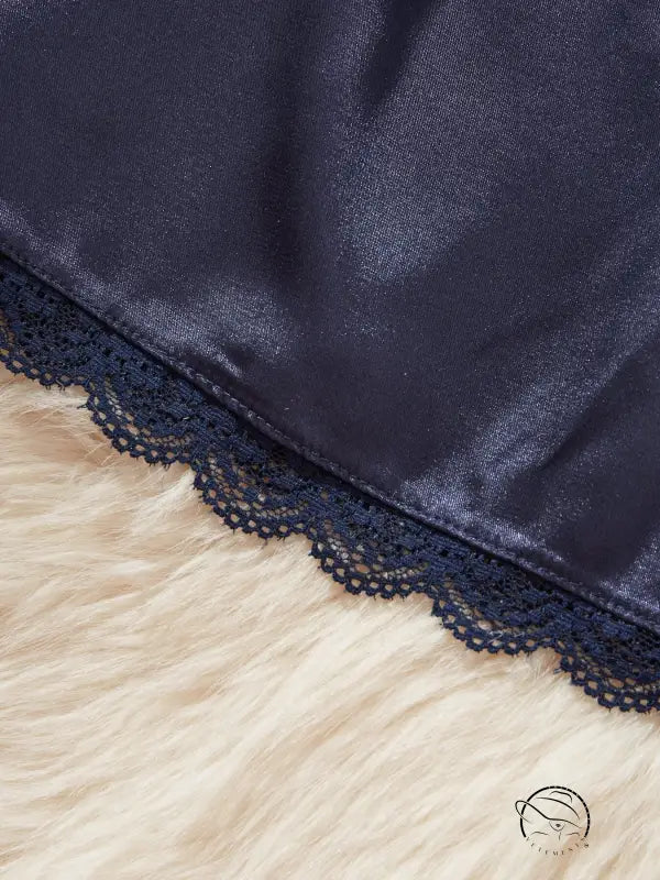 Navy artificial silk camisole lingerie with black lace trim