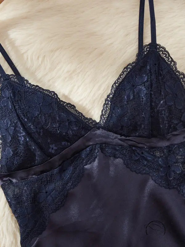 Navy blue lace artificial silk camisole lingerie bralette with floral embroidery