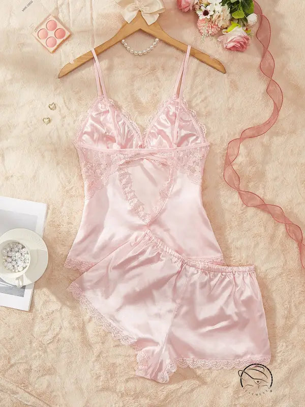 Pink artificial silk camisole lingerie set with lace trim