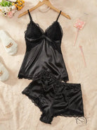 Black artificial silk camisole lingerie set with lace trim and thin straps