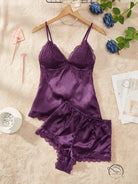 Purple artificial silk camisole lingerie set with lace trim and thin straps