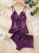 Purple artificial silk camisole lingerie set with lace trim