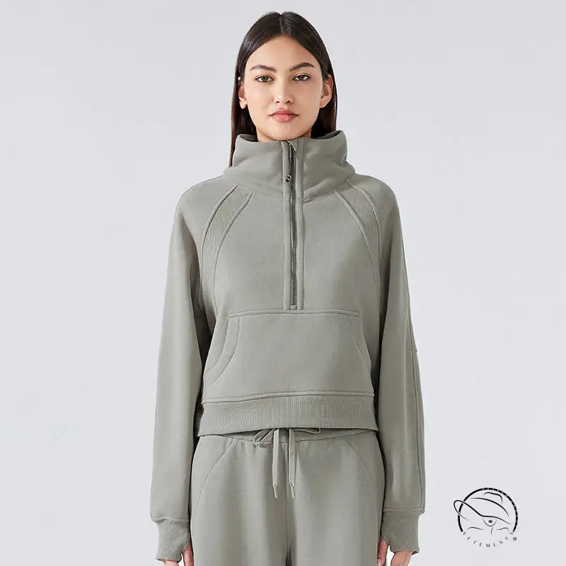 Gray half-zip sweatshirt and sweatpants set with high stand collar