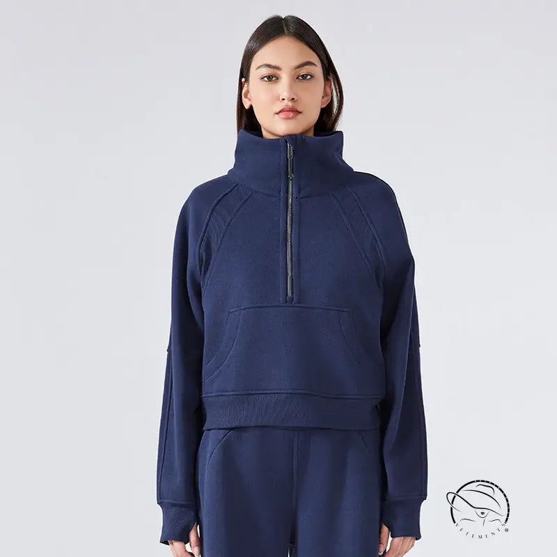 Navy blue half-zip sweatshirt with high stand collar for women