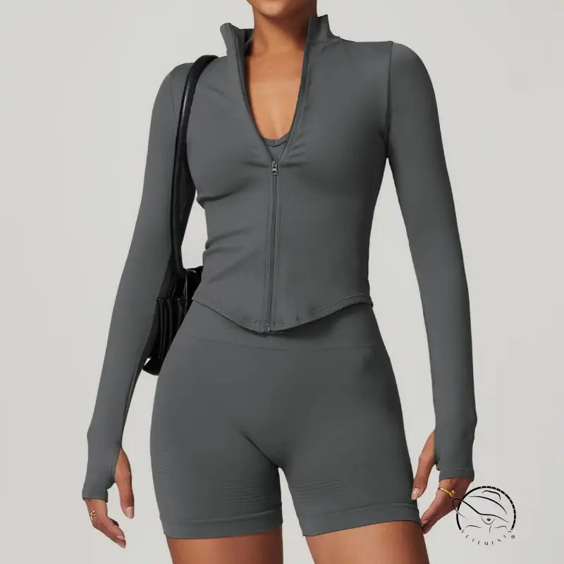 Stand Collar Long Sleeve Zipper Yoga Jacket Women Tight Quick Drying Clothes Outdoor Fitness Sports Top