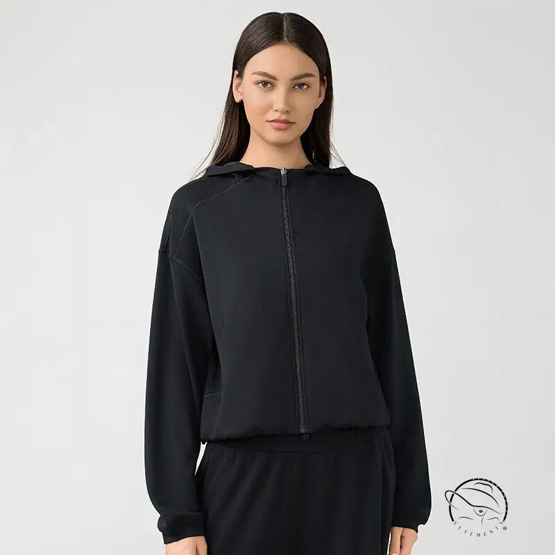 Black hooded zip cardigan coat for women, loose fit autumn style