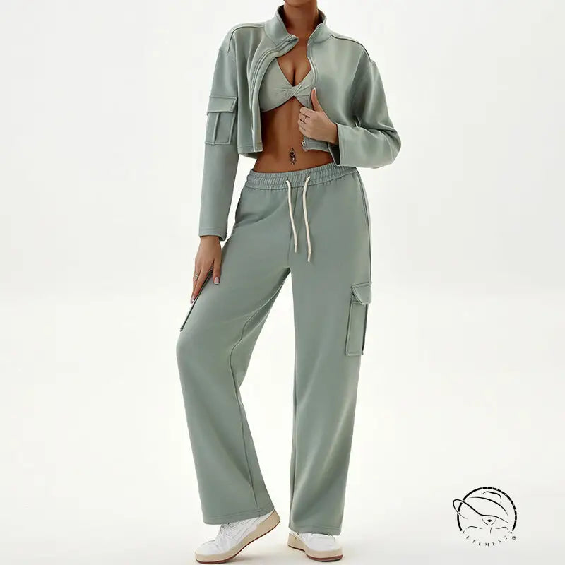 Sage green winter workwear casual sports sets with zipper