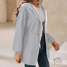 Gray hooded drawstring jacket as women’s hooded outdoor raincoat